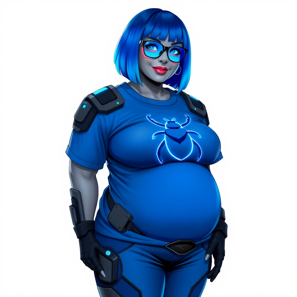 A 28-year-old, full-figured, metallic middle gray skinned computer program hybrid with a vibrant maximum blue bob cut. She has a non-athletic build, highlighted by a prominent, round, large midsection (fully emphasizing her round large belly) while being covered by her large t-shirt, reflecting her new junk food eating habits influenced by her boyfriend. As the full-figured, nerdy, digital sidekick to her cyberpunk vigilante boyfriend, her middle gray metallic skin and maximum blue lipstick underscore her digital essence. She dons a digital, computerized outfit: a large, tight-fitting, high-tech, maximum blue t-shirt with neon blue glowing beetle themed accents complete by a giant neon blue glowing beetle icon on the chest, hi-tech shoulder pads with neon blue accents, a black hi-tech belt with a digital neon blue glowing buckle, digital maximum blue pants with neon blue accents, and black hi-tech gloves with neon blue glowing accents. Her neon blue glowing eyes, black eyeglasses with neon blue glowing lenses equipped with a built-in HUD, and shy smile with neon red blush highlight her nerdiness. She stands bashfully with one hand behind her back and the other gently touching her cheek, her outfit covering all her bare skin and fully emphasizing her full-figured physique (especially her large belly). She is clearly non-athletic, with a heavy focus on her full-figured physique (with full emphasis on her large belly). Despite her build, she radiates beauty. Her slim face contrasts with her physique, accentuating her radiant beauty. She is set against a solid white background. She is drawn as if she were in a retro 2D cyberpunk fighting game.