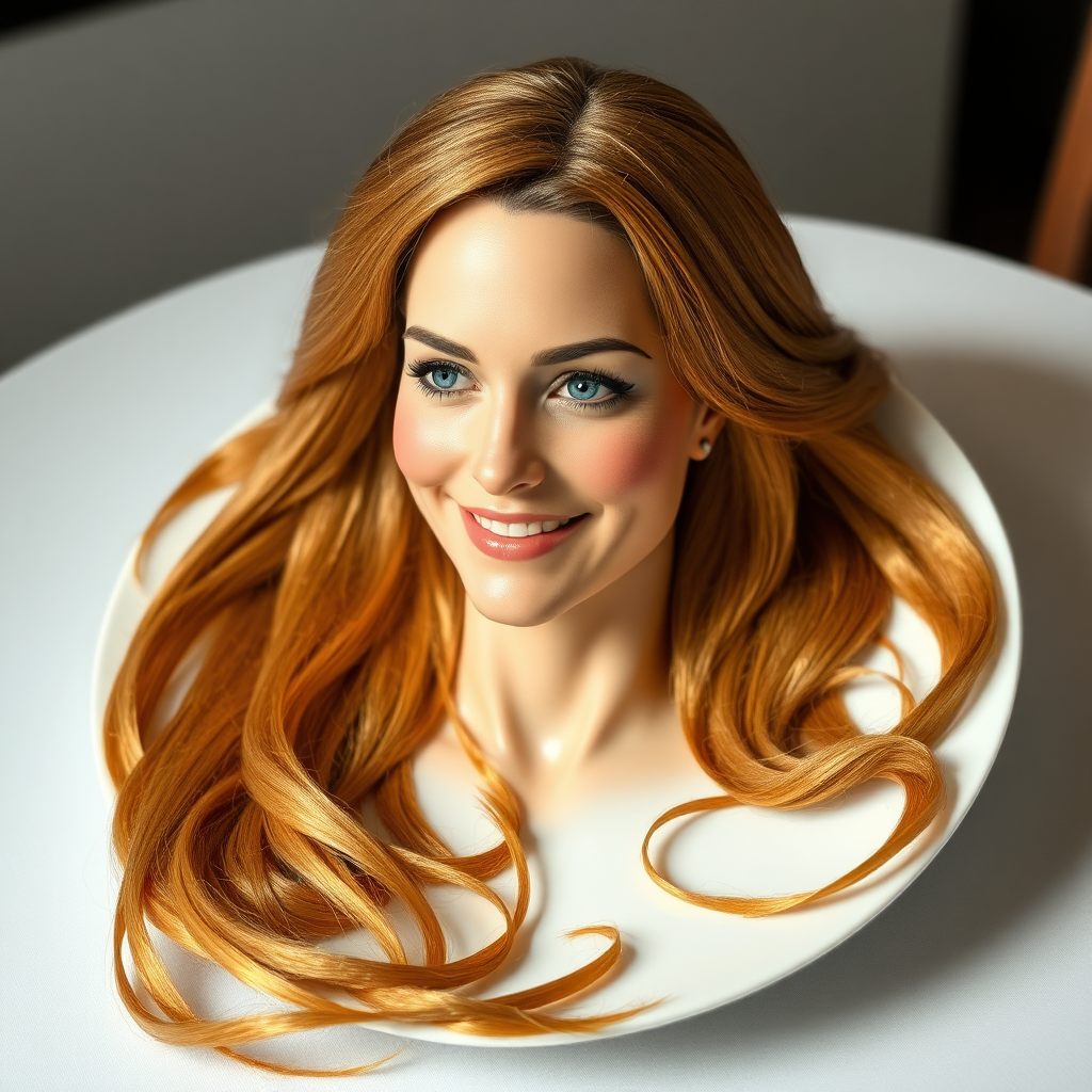 In a surreal and whimsical culinary display, Kate Middleton's disembodied head is elegantly arranged on a pristine, white porcelain plate. Her long, flowing hair cascades luxuriously around the edges, each strand meticulously crafted to shimmer in the ambient light, reminiscent of spun gold. The delicate features of her face, perfectly sculpted, convey a serene expression, with a soft, inviting smile that radiates warmth and grace.