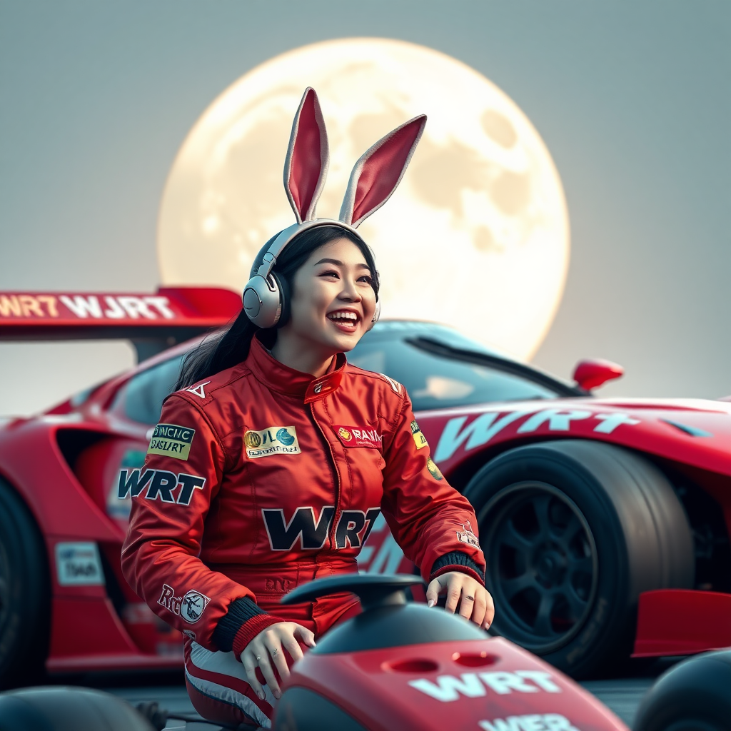 A red racing car with "WRT" written on it, a Chinese beauty racer wearing rabbit ears on her head, laughing, and her racing suit also has "WRT" written on it, with a super large moon in the background.