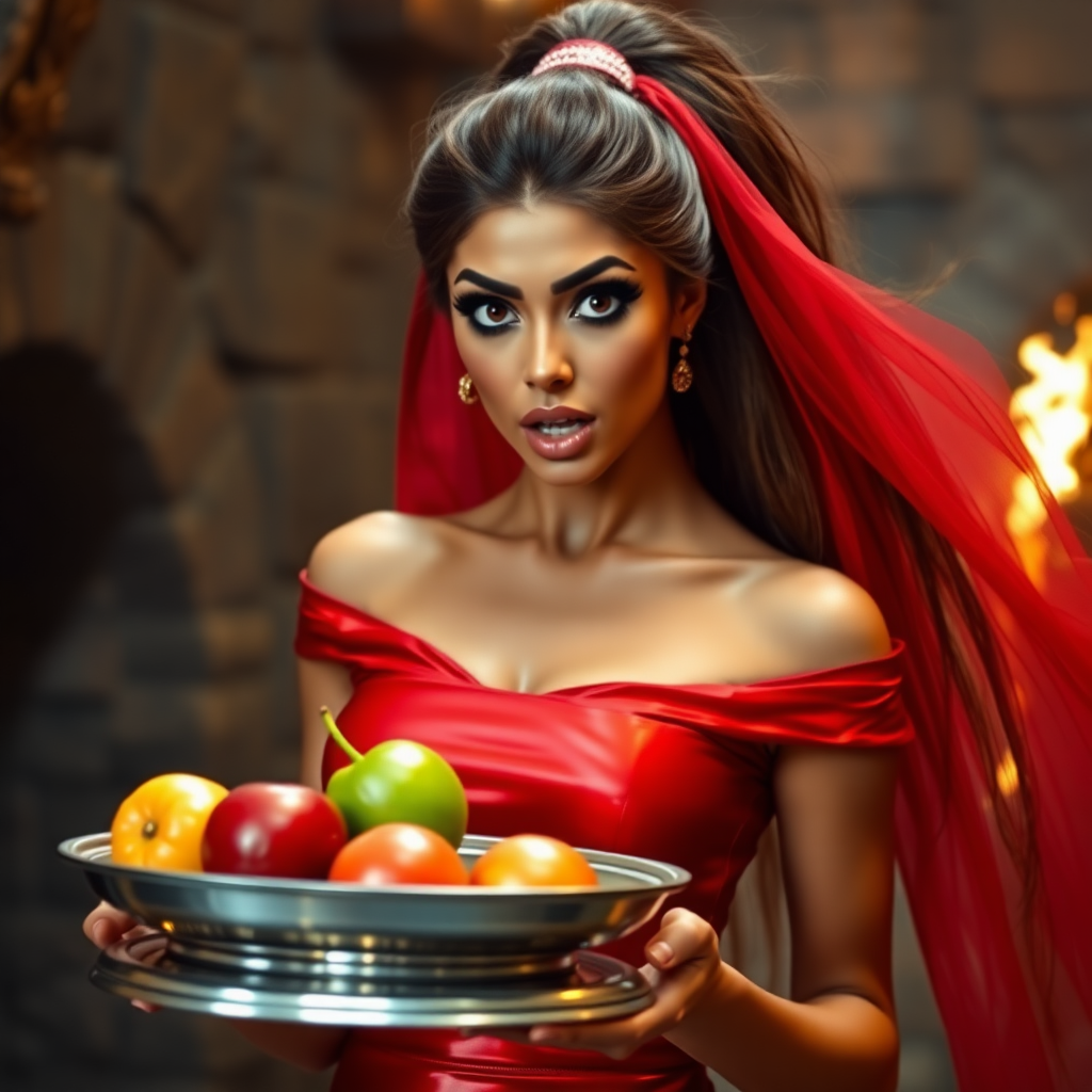 realistic photo of a surprised Arabian model with mouth open. She has very large eyes, black eyeshadow, black eyeliner, fake eyelashes, very tanned skin, very long hair. very high ponytail, she look likes princess jasmine, shinny red off shoulder crop top. photo realistic. She holds a metal tray with fruits just above her waist. crop top, shinny red skirt. full body view. shinny red pencil skirt. dungeon with fire torches in the background.