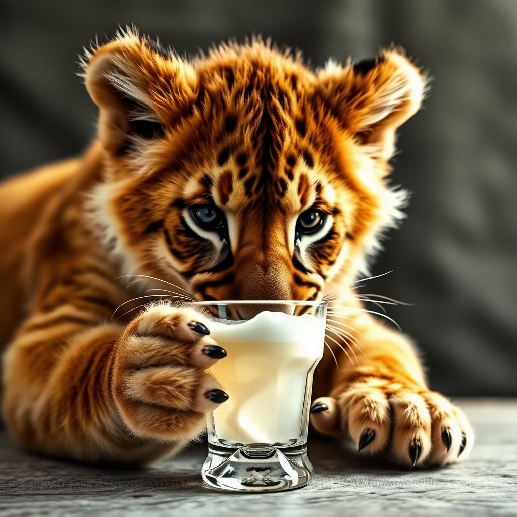 Lion cub drinking a white russian