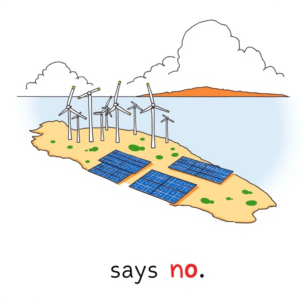 I draw Sardinia, showing it as it is overrun by huge wind turbines and solar panels. The style is a minimalist colored drawing, text "Sardinia says no."