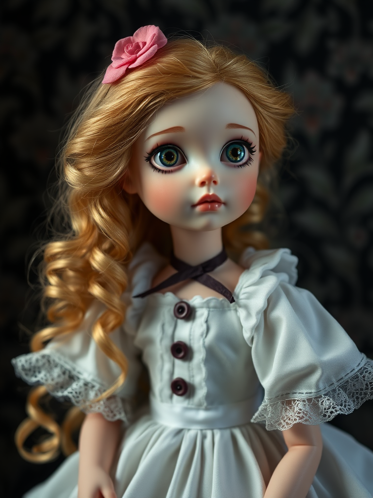 Alice in Wonderland, looking into the distance, ooak art doll, artist doll, realistic doll, life-like porcelain doll, unique personality, stunning eyes, bisque doll, portrait photography, low key lighting, dept of field, studio photography, full body shot, lively pose, black floral wallpaper