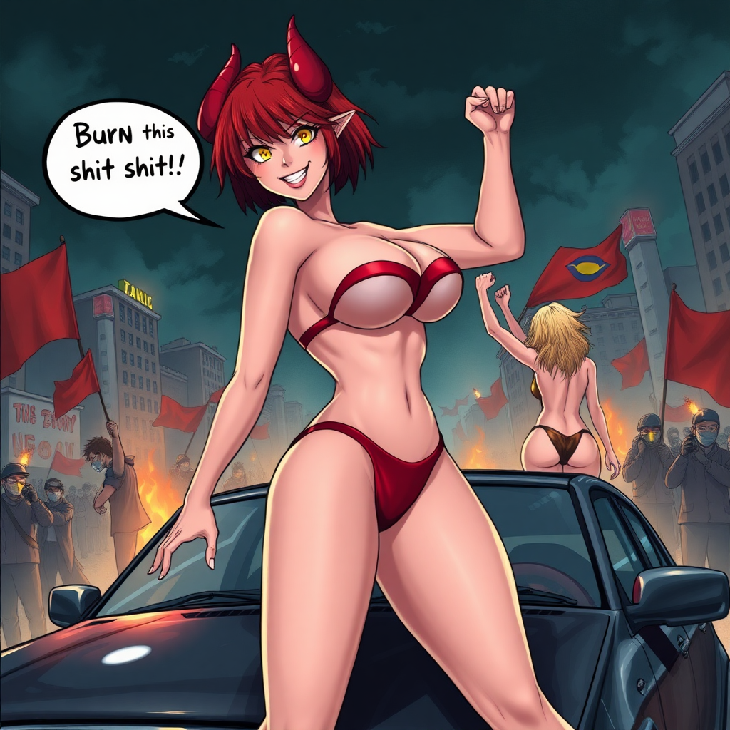 A anime drawing: A seductive hypersexual succubus woman, wicked smirk, speech bubble "Burn this shit down", short red hair, mega-colossal huge massive boobs/tits/breasts that can barely fit in a bikini her right-hand into/inside her thong to her vagina, standing on the hood of a car, horns, yellow eyes, sexy waist, full body, a city on night being overtaken by rioters with red-flags/LGBQT flags/and Raised Fist Flags, Molotov cocktails, there is another blond succubus girl there standing backside with her fist raised up