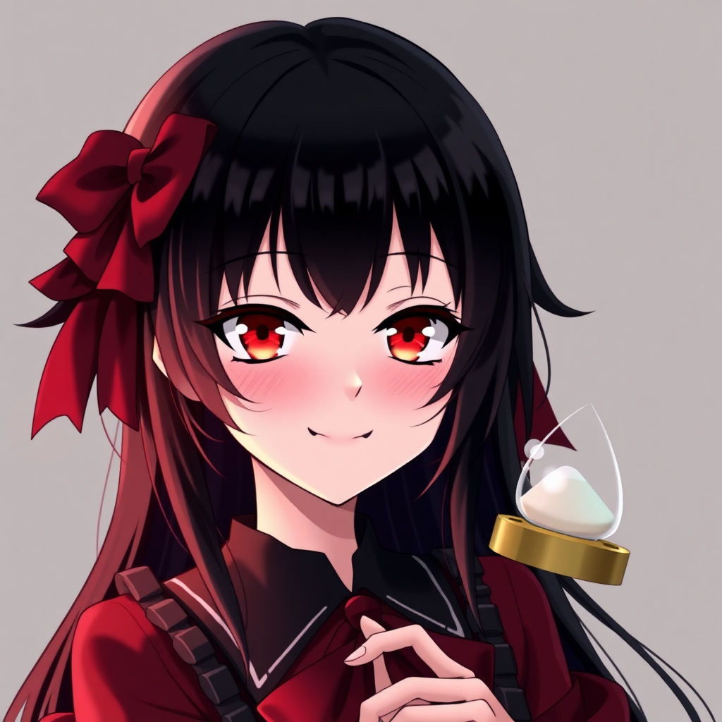 An anime girl with black hair and red eyes is wearing an hourglass. She has a smile like a villain.