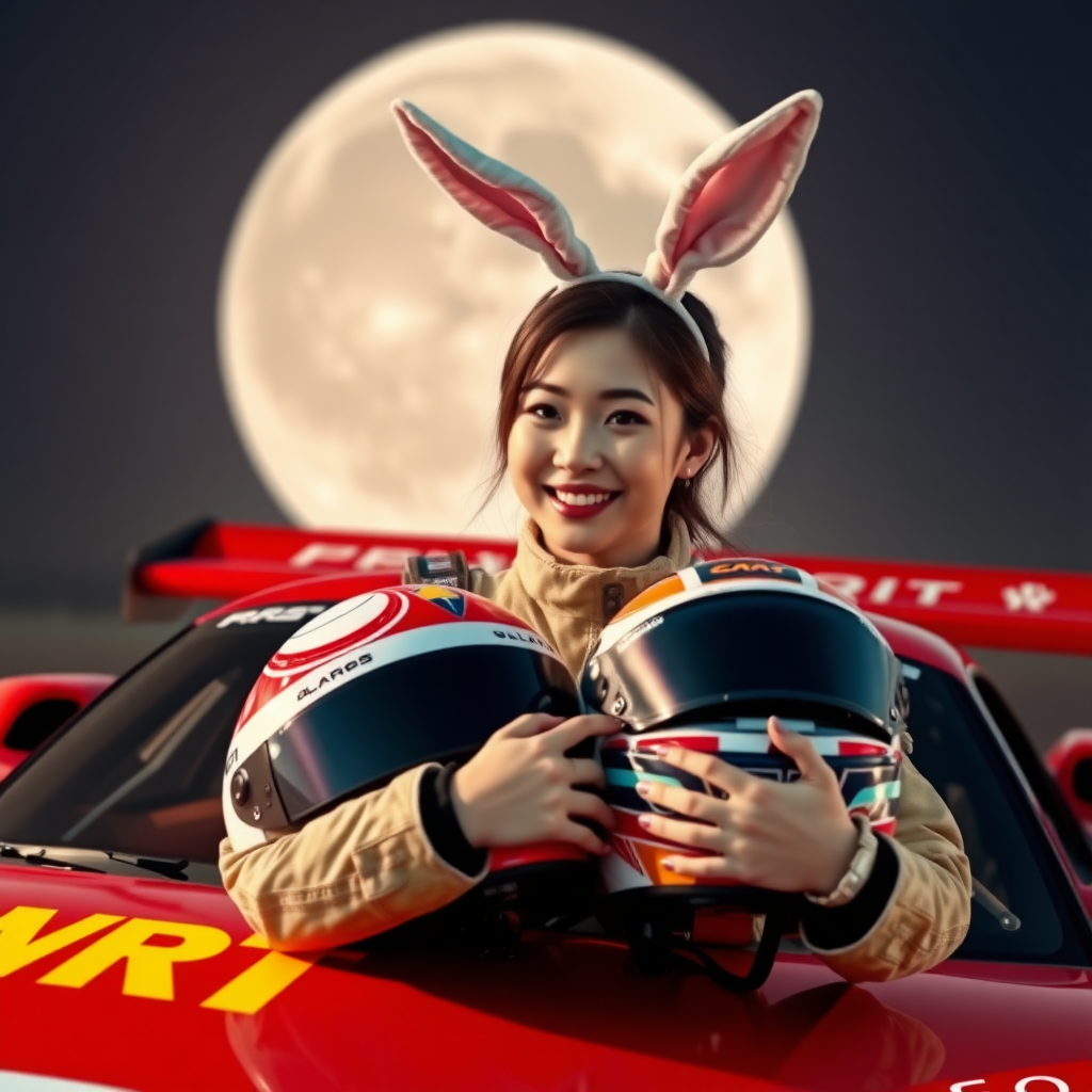 A red racing car with "WRT" written on it, a beautiful Chinese female racer holding a full-face helmet used for racing, smiling, wearing rabbit ears on her head, with an enormous moon in the background.