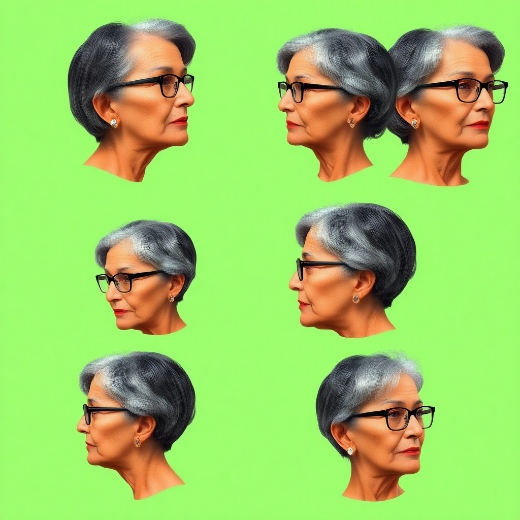 Photorealistic image of six headshots of a 55 Years old, European, Latina, sharp aquiline nose, wrinkles, high cheekbones, Middle Eastern, Skinny, Tanned skin, Dark light skin, full Makeup, jewelry, Sharp nose, frowning, delighted, dark grey Ash hair, short bowl haircut, Brown eye color, Glasses, with detailed features. Each photo displays the same face in profile and front view, cut out and isolated on a green background. All six heads are visible side by side, empty space around each view, no overlapping.