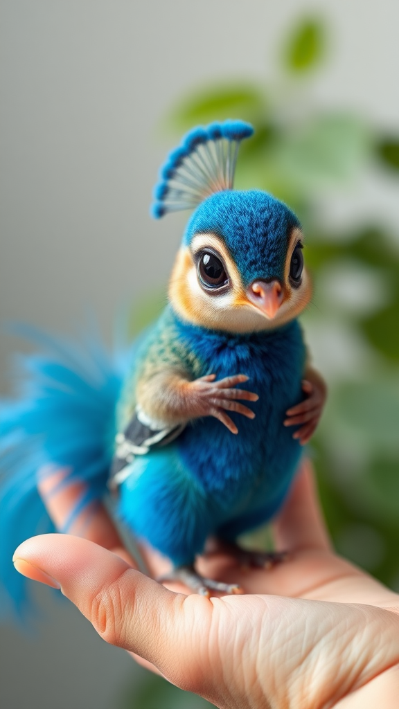 A small tiny cute chubby big eyes big perfect tail real blue dancing peacock with tail on hand