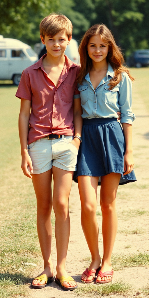 Vintage photo, 1980s. Hot summer. Britany. A tall skinny 13yo teen boy wearing short shirt, tight booty shorts, long legs, bare thighs. With a girl wearing shirt, long skirt. Full length view.