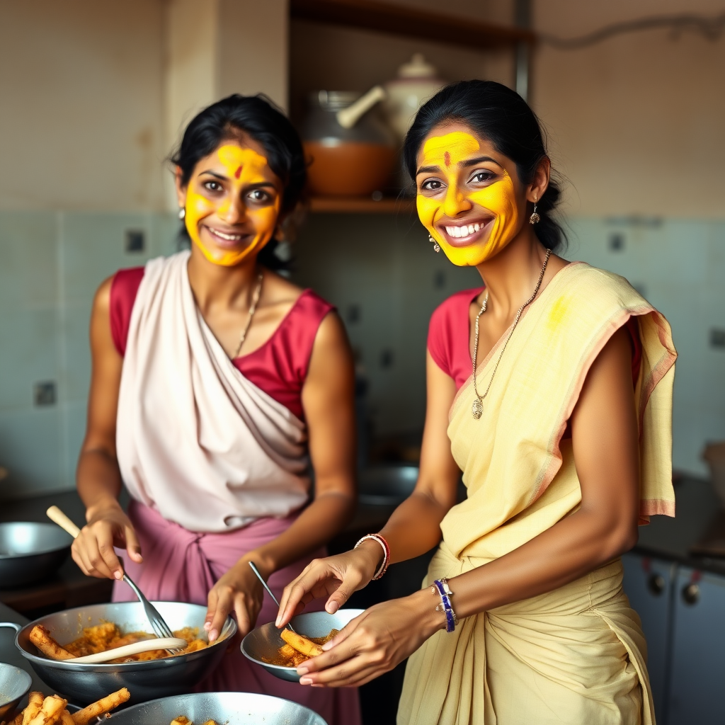 2 skinny, happy, traditional, 30 year old, Indian maids, wearing a blouse, skirt and a short towel on their shoulder. They are preparing food in the kitchen. Their face is covered with turmeric face mask.