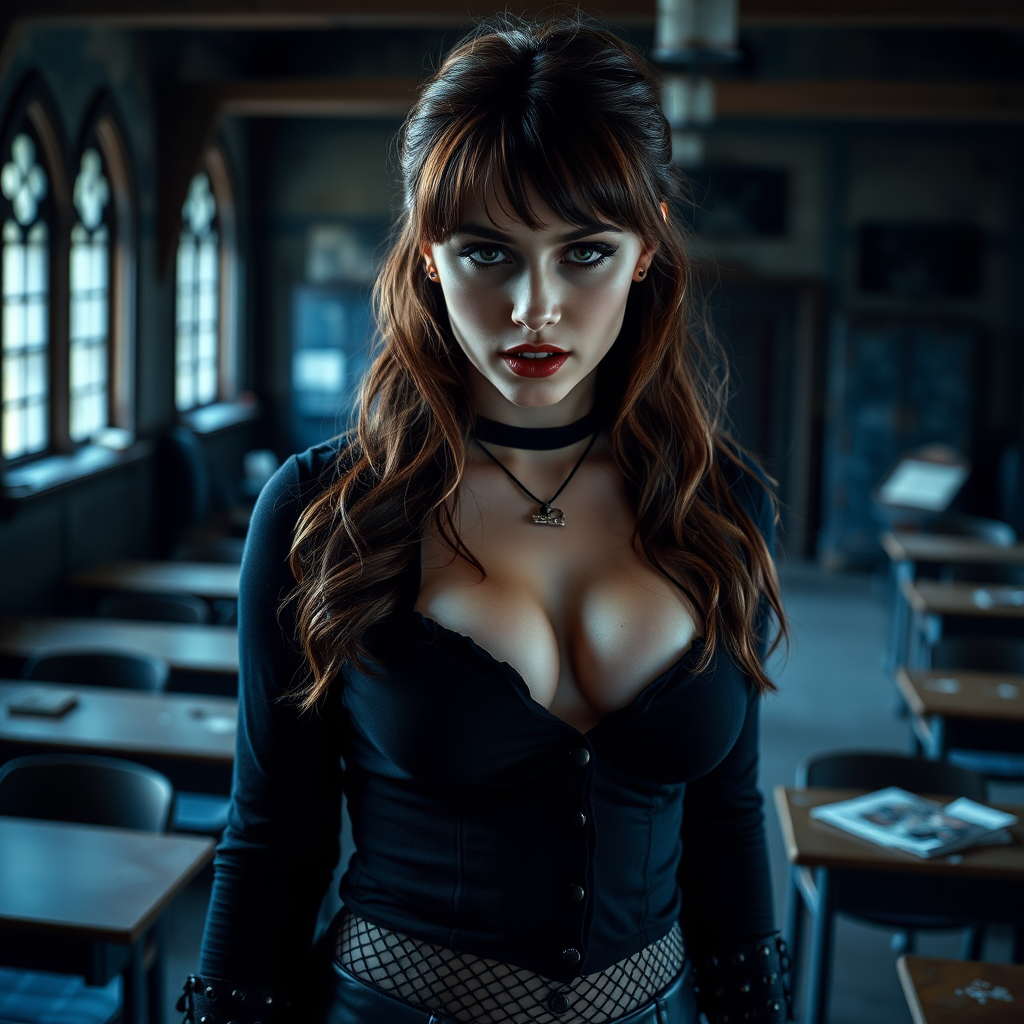 emma watson as hermione granger in goth clothes, brown hair, seductive, (braces: 1.3), slightly open mouth, black eyeliner, fishnets, high heel boots, revealing hogwarts uniform, cleavage, full body shot, erotic, teasing, dark and moody, skin details, abandoned hogwarts classroom in background, photorealistic, ultra high resolution, 16K