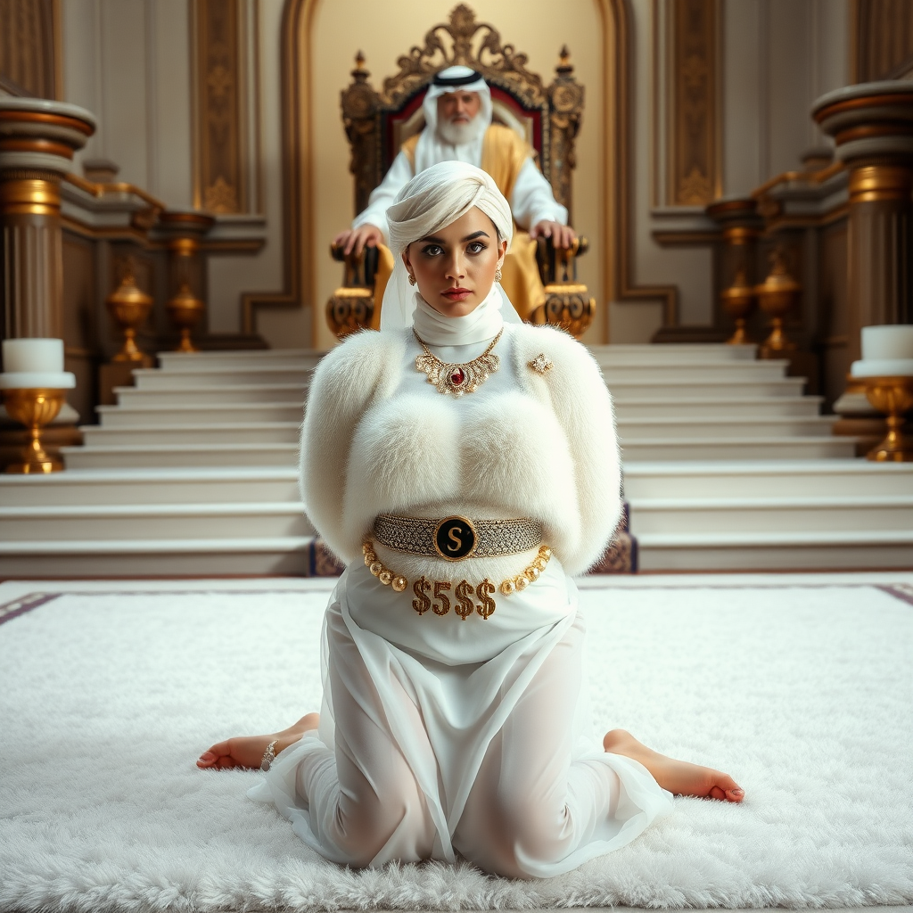 Kuwait desert palace throne room, throne raised on stair head, old overweight mighty sheik sitting on throne. In front of stairs, kneeling on white fluffy carpet: Melissa, European 17 years old very convincing femboy “trophy-bimbo”, tamed servile docile, rather short, by hormones very curvaceous womanly figured, platinum blond short tight curls, heavily made-up eyes, wearing Supertanya-style fluffy very fuzzy bright white angora turtleneck-poncho cropped ending under bust decorated with pearls and gemstones, striking oriental wide gold bridal protection belt, white fully transparent harem pants, full Oriental bridal jewelry, white sheer full Burka, coin anklets, striking diamond “$$$” letter brooch on left chest, pout frustrated, hands tied behind back, looking at camera. Full view, side perspective.