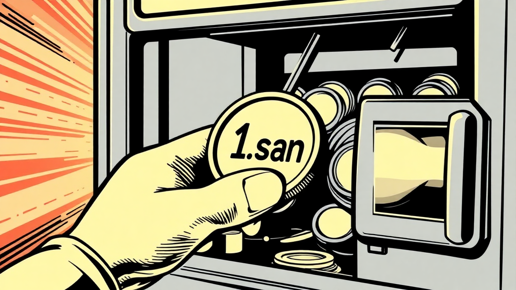 A comic of a hand placing one token with the engraving "1 scan" in a coin machine  
In the style of a comic icon in black ink only