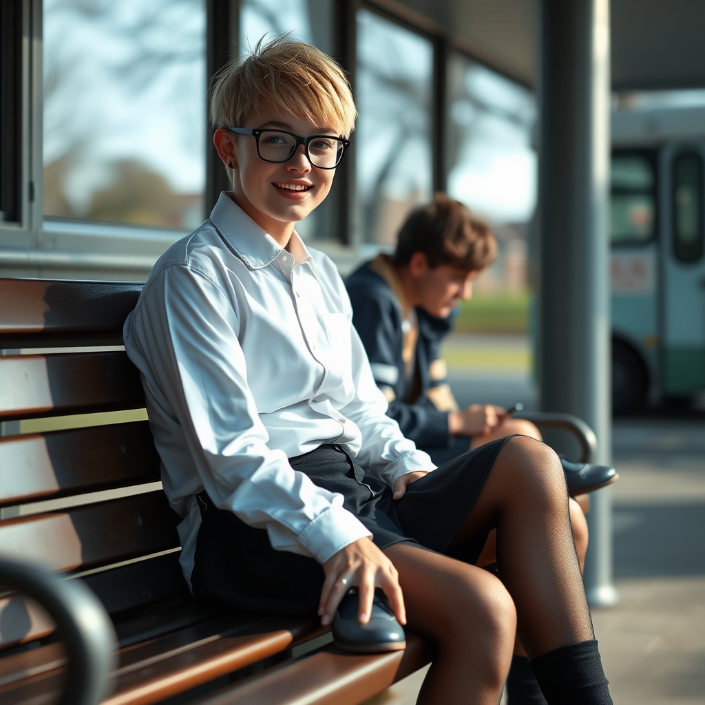 photorealistic, ultra high resolution, 16K, surreal fantasy, soft studio lighting, a pretty 18 year old goth male, slim male physique, short blonde hair, black glasses, goth makeup, earrings, shiny black pantyhose, UK girls-school uniform, Mary-Jane shoes, sitting on his boyfriends lap on a bench waiting for the school bus, in daylight, excited smile, facing the camera.