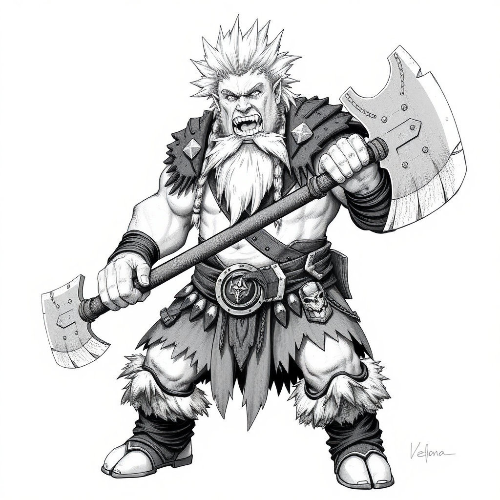 Drawing of a white warrior fantasy dwarf, wielding a great two-handed axe, he has white punk hair and braids, he is extremely muscular and strong and angry.