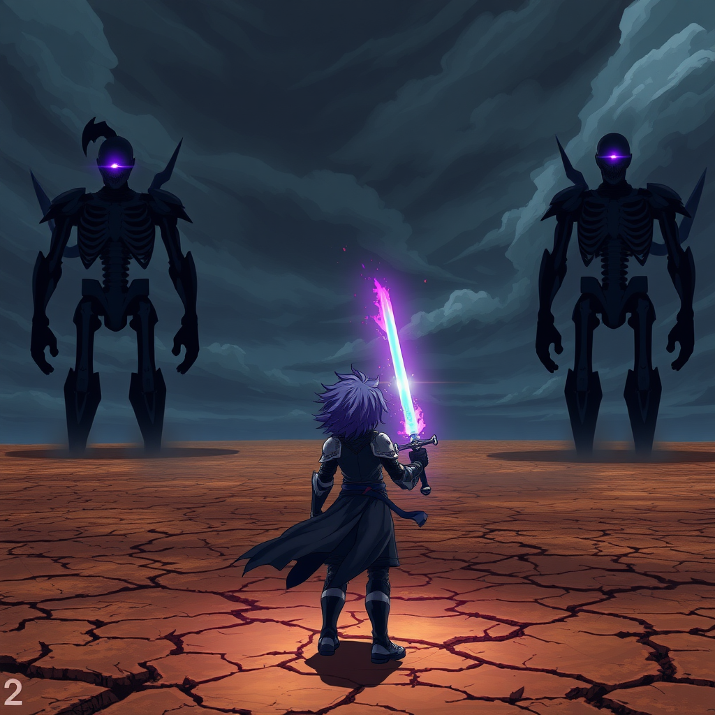 (Anime Style Art), An apocalyptic anime scene unfolds under dark, storm-ridden skies. The backdrop is a vast, desolate plain, cracked and lifeless, stretching into a distant horizon. Towering over the field are three colossal humanoid figures, made entirely of black, shadowy darkness. Their forms ripple with a sinister energy, and the only detail visible is a single white lens flare gleaming from each of their faceless heads. Two of these towering beings, known as the Roaring Titans, are skeletal and stick-figure-like, their presence imposing and terrifying. Standing defiantly with his back turned to the viewer is a fierce teenage boy. His wild purple hair flows in the wind, and he’s clad in a sleek, futuristic knight's armor, glowing faintly with a deep purple hue. In his hand, he wields a sword ablaze with rainbow-colored flames, poised to strike as he faces down the towering threats in a final stand.