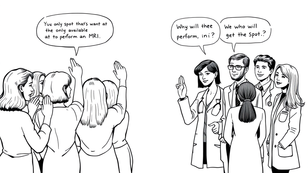 Create a comic image with two groups, on the left there are 10 women aged 40 to 70 years old with different hairstyles raising one hand because they want the only spot that is available at the clinic to perform an MRI. On the right side, a few doctors (both male and female) are stressed about deciding who will get the spot. The style is a minimalist drawing with only black ink. Pay special attention to the hands.