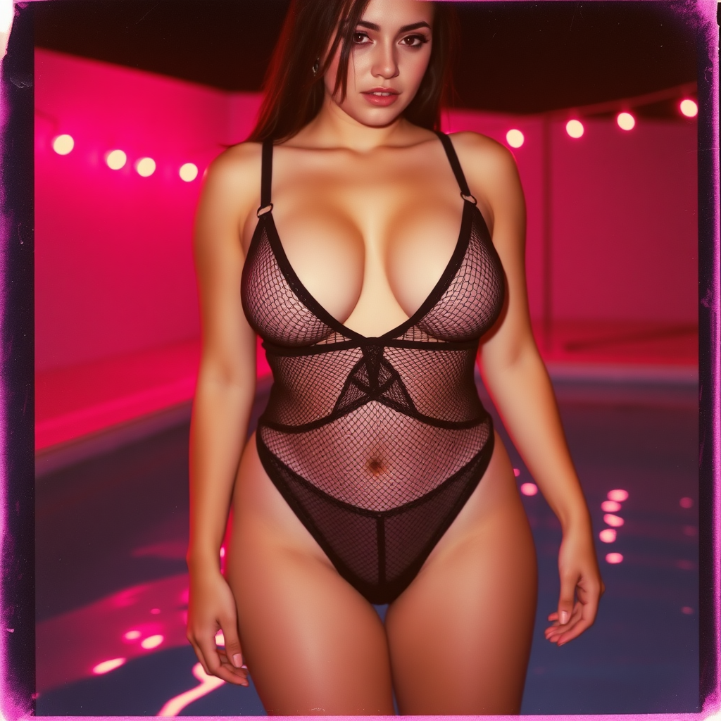 old polaroid photo with heavy vignetting and pink and blue artistic studio lighting color tint and light leak, depicting a sexy curvy thicc amateur girl with eye makeup, wearing a tiny revealing black see thru mesh two piece bikini gstring thong with a small outline of her labia and nipples visible, standing in a pool, no airbrushing,natural skin texture