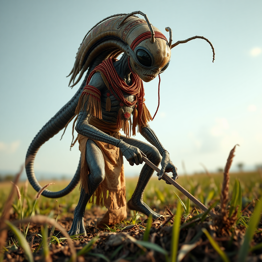 A humanoid arthropod alien in tribal clothing tilling a field.