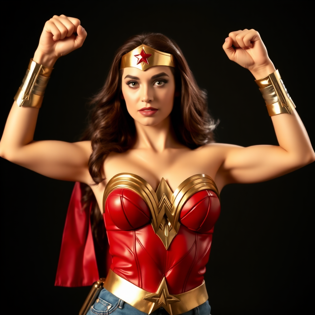 Wonder Woman Pose: Arms raised high in a victorious stance, embodying strength and empowerment taking inspiration from the classic portrait photography of the eighties