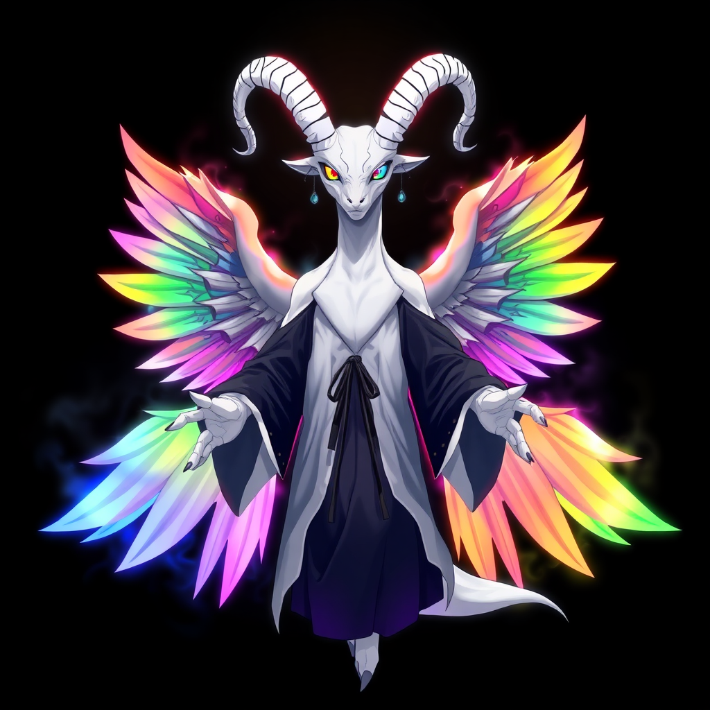 In an anime-styled artwork set against a deep black background, a towering humanoid figure reminiscent of a tall, white reptilian goat god commands attention. Its striking rainbow-colored eyes shimmer with an ethereal light, framed by two majestic white goat horns that curve elegantly from its head. Draped in flowing black and white robes that ripple like smoke, the figure exudes an air of mystique and power. Surrounding its form is a chaotic, radiant aura that shifts through the colors of the rainbow, creating a mesmerizing spectacle.

Three magnificent angelic wings, each a vibrant blend of rainbow hues, unfurl gracefully from its back, their feathers shimmering with an otherworldly glow. With hands outstretched as if inviting connection, the figure floats serenely in the void, its gaze locking onto the viewer with an intense, otherworldly presence that captivates and enchants.