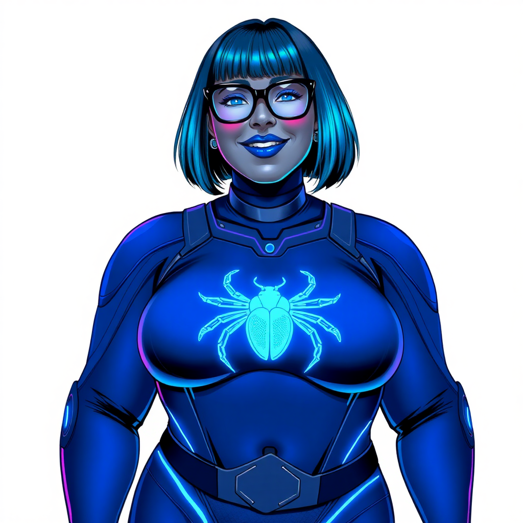 A 28-year-old, full-figured, middle gray metal skinned computer program-human hybrid with a maximum blue bob cut. She is the digital sidekick, computer hacker, and nerdy girlfriend of her cyberpunk vigilante boyfriend. Her middle gray metallic skin, distinct from any other character, highlights her digital nature. She wears maximum blue lipstick and has bright blue eyes. Her outfit includes a maximum blue full bodysuit with neon blue glowing beetle-themed accents completed by a neon blue glowing chest icon of a beetle. Black eyeglasses accentuate her nerdiness, and she has a lovestruck smile with neon red blush. Her full figure, including a prominent, gargantuan, round midsection (with all the emphasis on her protruding gargantuan belly), gigantic limbs, and broad shoulders, reflects the doting care of her vigilante boyfriend. The background is solid white. She is drawn as if she was in a retro 2D cyberpunk fighting game. Ensure her bodysuit covers all her bare skin (especially her round gargantuan belly). Her bodysuit is influenced by DC's superheroine Jennifer Knight Phantom Lady but remains distinct.