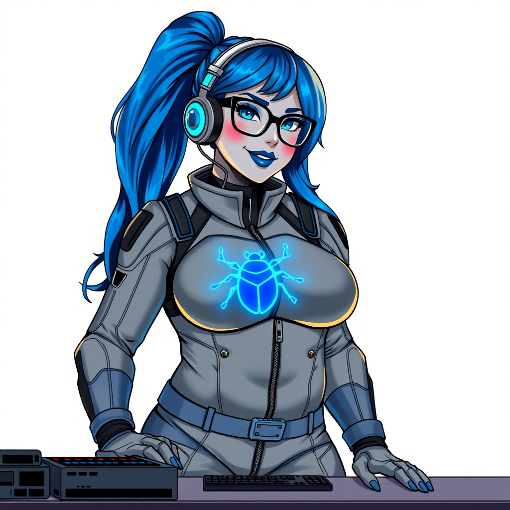 A nerdy, full-figured middle gray-skinned 29-year-old computer program hybrid with a long, maximum blue ponytail. She wears maximum blue lipstick and has bright blue eyes. Her outfit includes a digital, computerized, middle gray biker suit featuring a neon blue glowing beetle chest icon. She sports a sapphire headset and black eyeglasses, with a lovestruck smile and neon red blush. Her full figure reflects the doting care of her vigilante boyfriend. As his tech expert, she works diligently at her lab table in their hideout. The background is solid white. She has a prominent, round, gargantuan midsection, thick limbs, and broad shoulders. Her middle gray metallic skin highlights her digital nature. The biker suit blends with her middle gray skin appearing to merge together as computer data. She is drawn as if she was in a retro 2D cyberpunk fighting game.