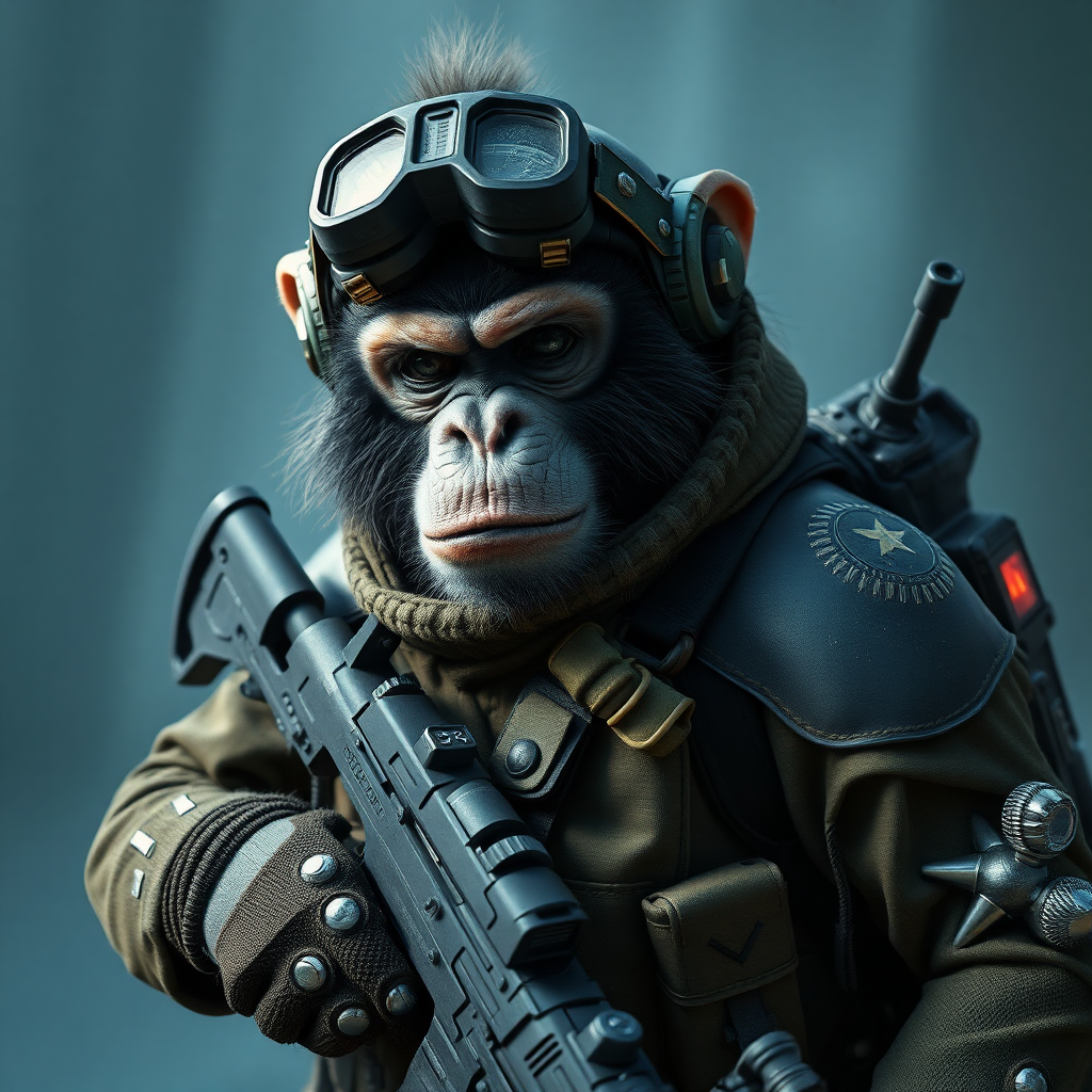 monkey russian soldat in futuristic battle gear