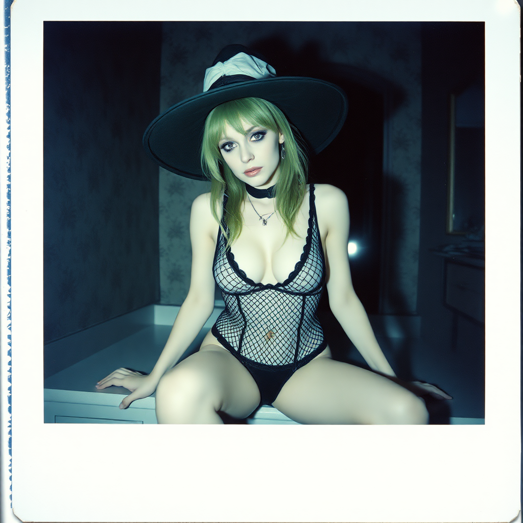 can of an old polaroid photo with heavy dark vignetting and a blue color tint to the photograph and visible light leaks. The photo depicts a sexy alt goth girl with pale skin and green hair. She has large breasts with ample cleavage and is wearing a black fishnet bodysuit. She is wearing a witch hat. The image looks hazy and grungy. She is in an old house with wallpaper on the walls. Dark lighting with camera flash used. Candid. she is wearing a black thong. She is sitting on a builtin vanity with a mirror with her knees spread apart.