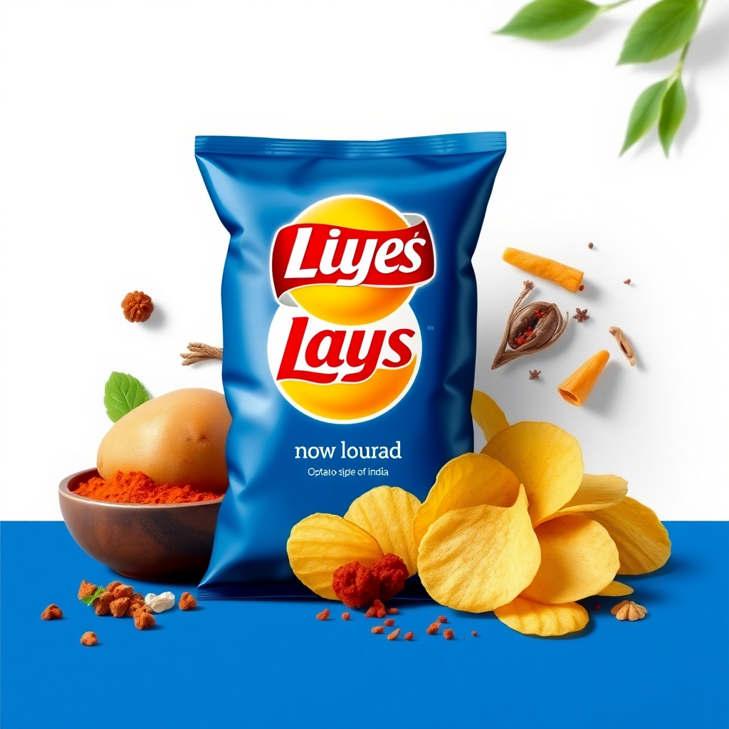 Indian blue lays redesign it with blue base having the spices of India and showcasing them proudly by Indians having original logo and text written on the packet in English. Show potato and potato chips with the masala. Make the spices more realistic. With one logo in the middle.