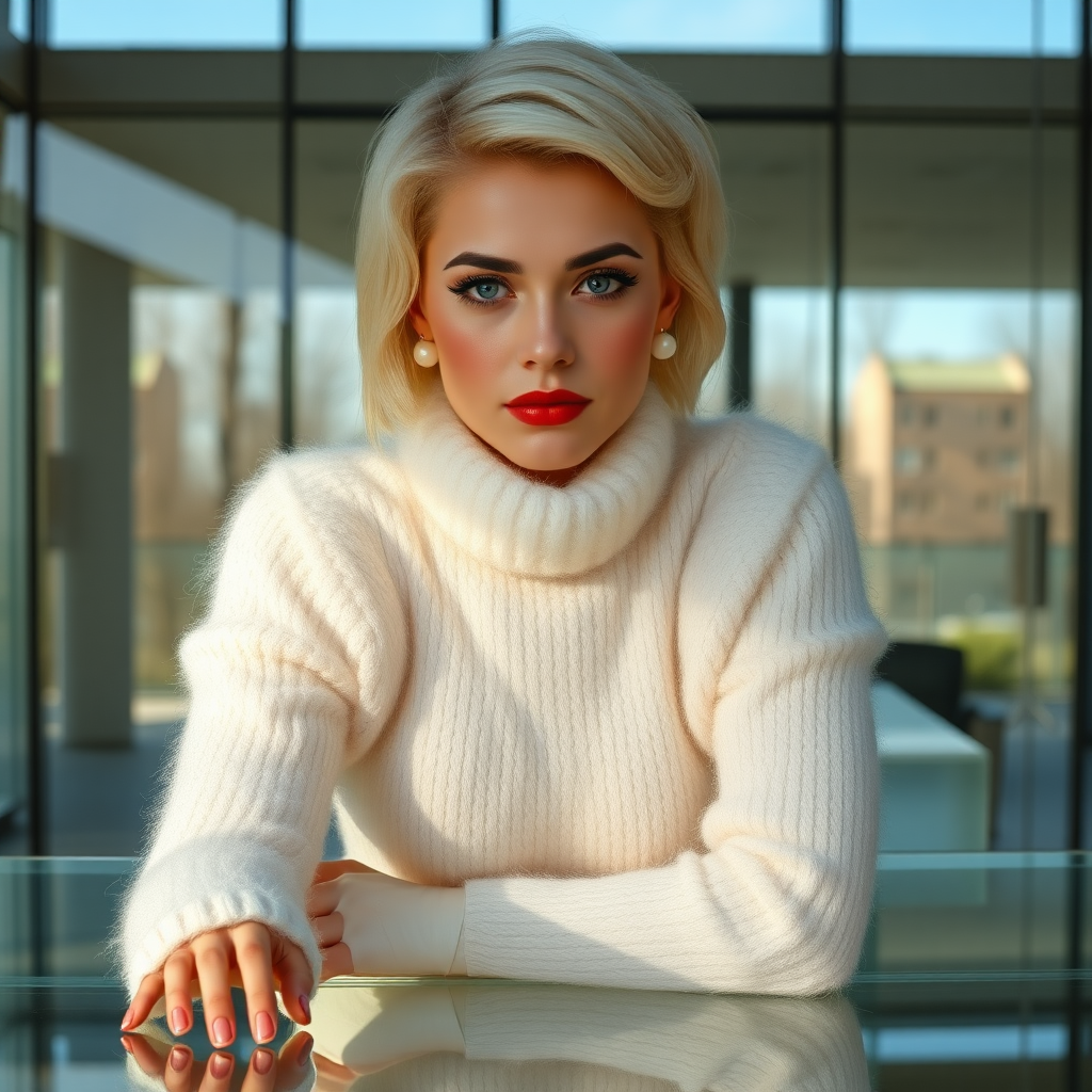 Sunny spring morning, modern glass-steel-concrete office, standing behind glass desk: Ana, European 17 years old very convincing femboy “trophy-bimbo”, tamed servile docile, very beautiful feminine flawless face, rather short boyish figure, platinum blond short tight curls, bold red lips, heavily made-up face, long French nails, wearing Supertanya-style chunky fluffy very fuzzy bright white plushy mohair figure-hugging turtleneck-knitdress with white pearl decoration, white vinyl thigh-high boots with golden heels, pearl earrings, serious, leaning forward hands on desktop presenting her assets, arrogantly looking at camera. Focus on face and knitdress.