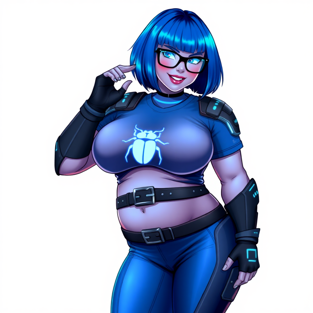 A 28-year-old, full-figured, metallic maximum blue (5PB 5/10) skinned computer program hybrid with a maximum blue bob cut. She has a non-athletic build, highlighted by a prominent, round, large midsection (with emphasis on her belly), which shows the effects of her new love of junk food acquired from her boyfriend. As the full-figured, nerdy, digital sidekick to her cyberpunk vigilante boyfriend, her metallic maximum blue skin and maximum blue lipstick (5PB 5/12) emphasize her digital nature. Her skin has a subtle, animated glow, with digital patterns occasionally flickering across it, making her digital nature obvious. She wears a digital, computerized costume, consisting of a huge, tight-fitting, maximum blue t-shirt (5PB 5/12) made out of advanced nanotech with a neon blue glowing chest icon of a beetle, hi-tech shoulder pads with neon blue accents, a black hi-tech belt with a digital neon blue glowing buckle, digital maximum blue biker pants (5PB 5/12) with neon blue accents, and black hi-tech fingerless biker gloves with neon blue glowing accents. Her neon blue glowing eyes, black eyeglasses with neon blue glowing lenses equipped with a built-in HUD, and bashful smile with neon red blush accentuate her nerdiness.

She stands with a shy, slightly hunched posture, one hand nervously adjusting her glasses while the other clutches a digital tablet close to her chest. Her pose reflects her intellectual curiosity and slight social awkwardness, much like Sci-Twi. Her costume covers all her skin and emphasizes her full-figured physique (especially her belly). Despite her build, she radiates beauty. She has a slim face compared to her physique, accentuating her radiant beauty. She is on a solid white background. She is drawn as if she were in a retro 2D cyberpunk fighting game.