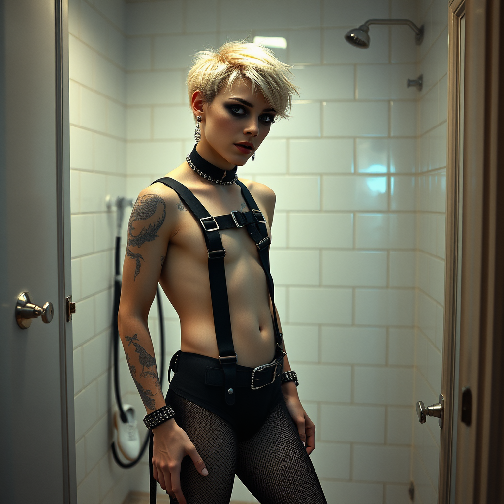 photorealistic, ultra high resolution, 16K, surreal fantasy, studio lighting, a 35 year old mother who is fully dressed for work is watching her pretty 16 year old goth son, slim male physique, short blonde hair, goth makeup, earrings, pantyhose, harness, spikey dog collar and leash, trainer-bra, white ballet shoes, in the bathroom, excited smile, facing the camera.