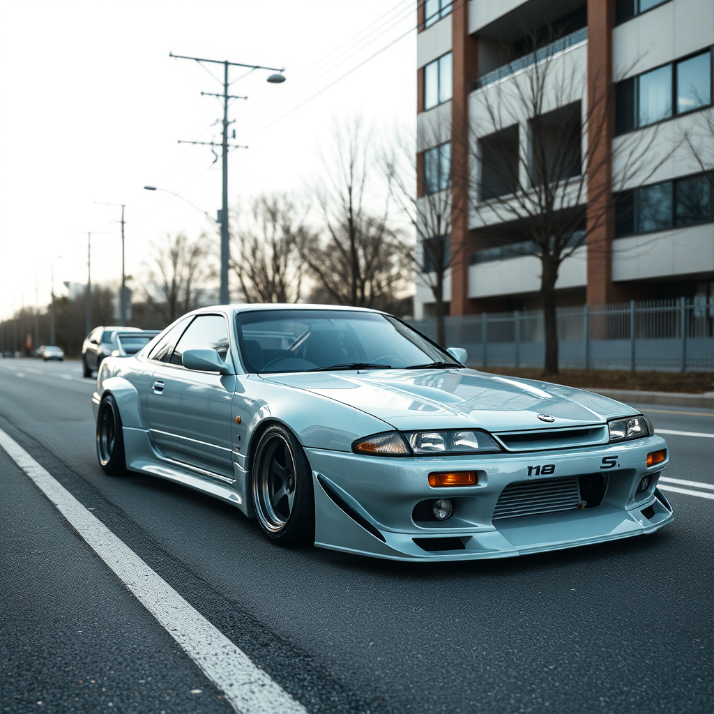 concept tuner nissan silvia s14 the car is parked on the side of the road, inspired by Taiyō Matsumoto, tumblr, restomod, nd4, c4