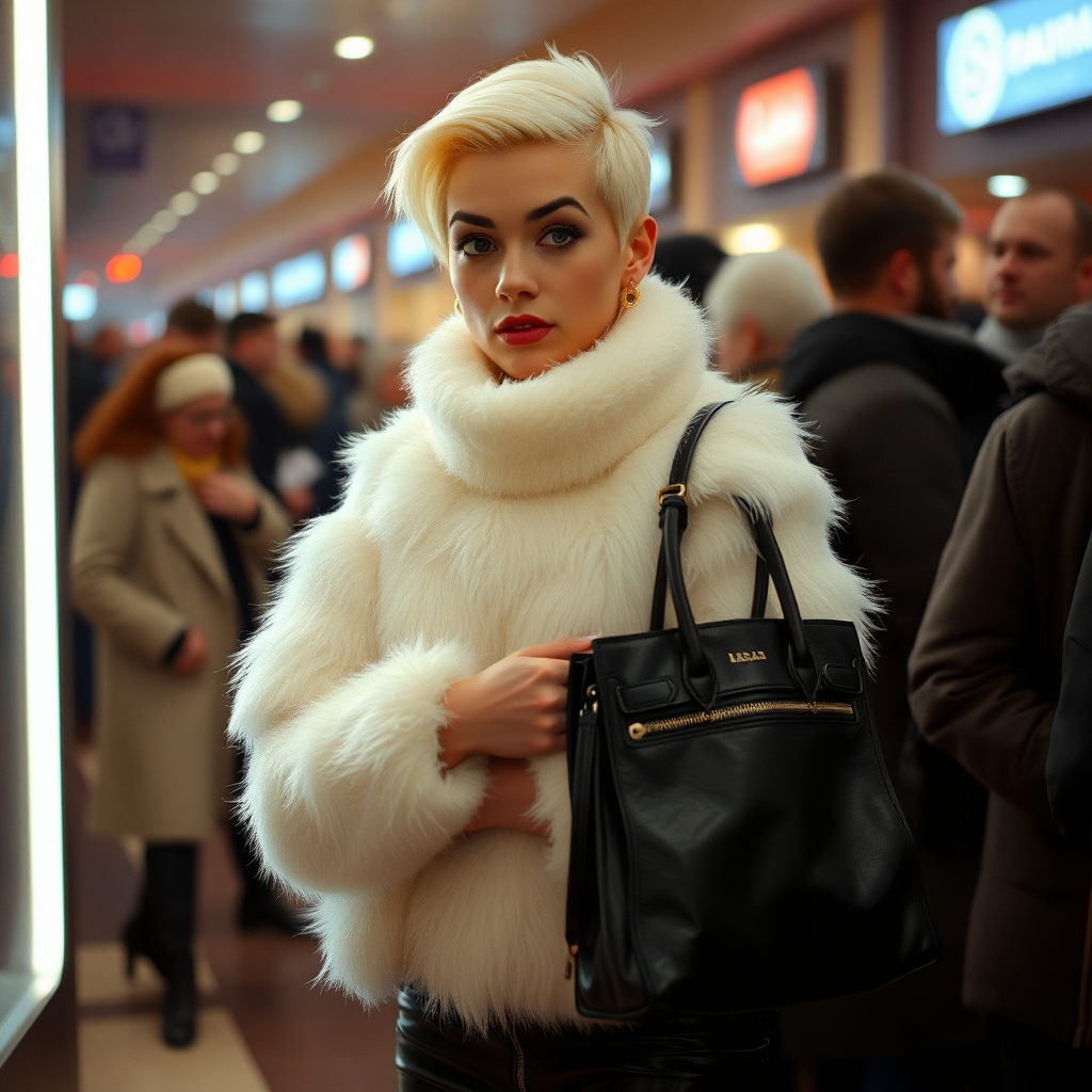 1990 winter evening, crowded cinema lobby: Sam, 19 years old beautiful involuntary femboy, rebellious intractable character, petite boyish figure, platinum blond boyish rebel punk hairstyle, flawless heavily made-up face with sharp arched tattooed eyebrows, wearing Supertanya-style fluffy very fuzzy bright white angora turtleneck-poncho fully covering body and arms, black leather high-heeled thigh-high boots, gold earrings, puzzled alarmed, black leather handbag, pout serious, impatiently waiting for her master. Focus on Sam’s face and turtleneck-poncho.