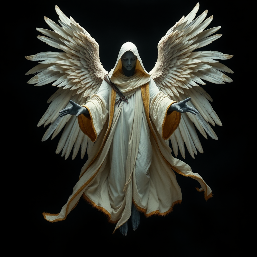 A celestial yet eerie figure hovers in midair, with four majestic angelic wings unfurled. The being is faceless, shrouded in flowing white and gold robes, its skin a muted grey. Its outstretched hands radiate both holiness and an unsettling, unearthly presence.