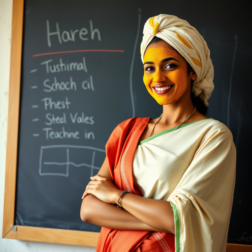 slim, 30 year old, sexy, indian female school teacher, saree, towel head, turmeric face mask. She is smiling and teaching on a blackboard