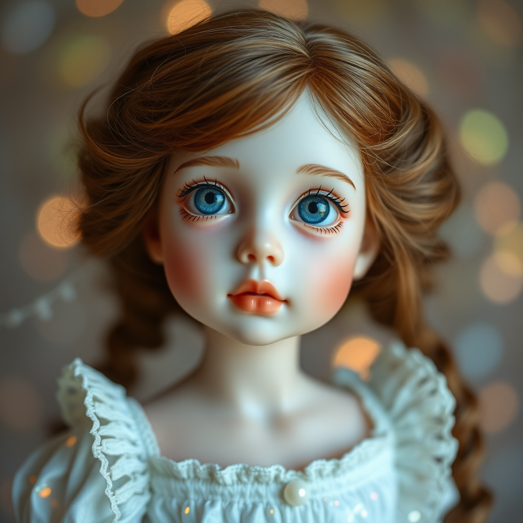 preteen artists doll, cute, interesting, bisque porcelain doll, bjd, genuine collectors doll, looking up dreaming, Bokeh, abstract, brilliant colors, glittering, translucent, mother of pearl, opal, iridescent, natural skin, glowing, artistic photo, wide angle, full body, Victorian dress