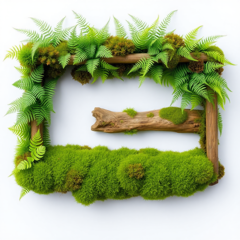 A horizontal frame is filled with ferns and moss, with a piece of dead wood in the middle, and the moss occupies the empty corners.