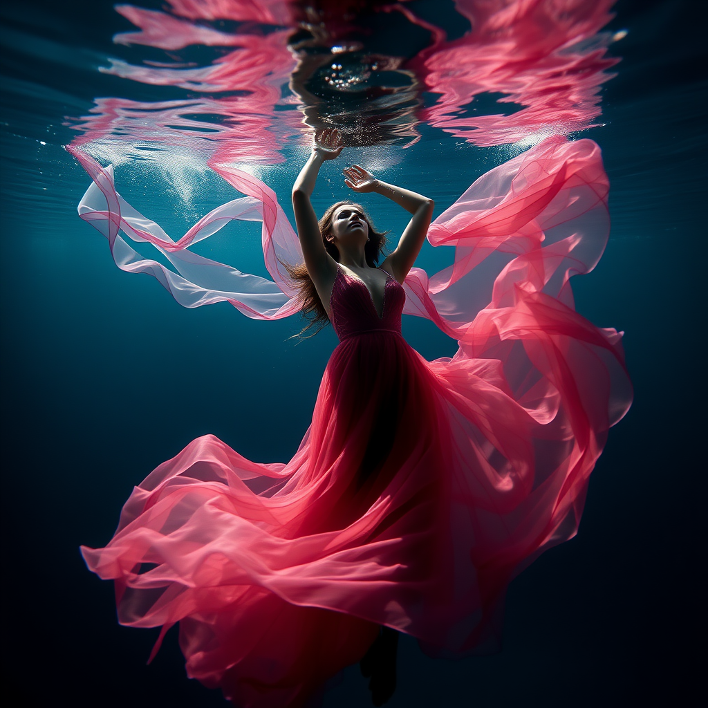 instagram beauty dancing underwater in gossamer diaphanous flowing gown, dark deep waters and dramatic lighting, crystal clear water her arms are up over her head stunning hd DSLR photography