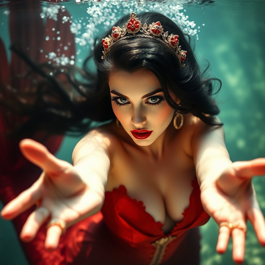 Vampirella as a mermaid underwater hair floating in a nimbus around her beautiful face her arms outstretched towards the viewer and she's looking down into the viewer's eyes making intense eye contact. diaphanous. Real DSLR HD Photography. Burlesque