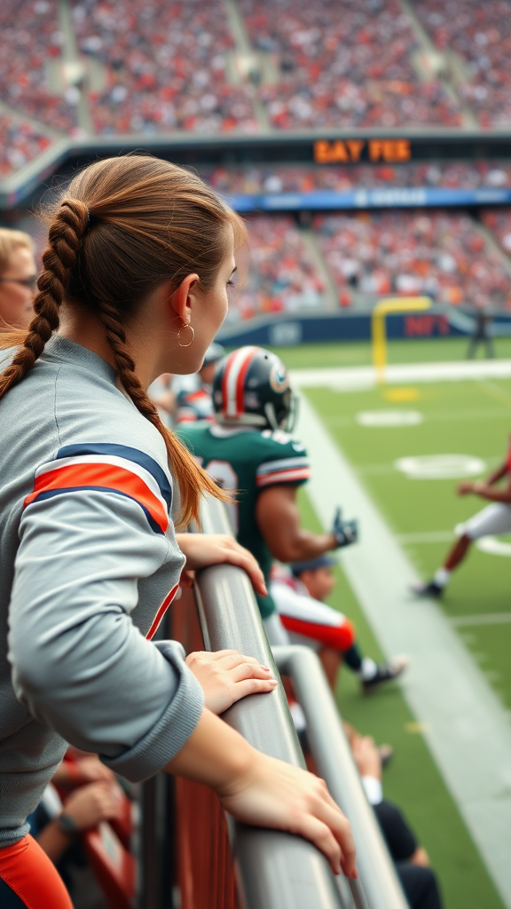 Attractive female NFL fan, pigtail hair, leaning forward over front row stadium barriers, fangirling over a player who's playing