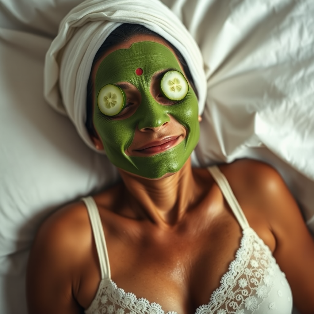 A skinny, traditional, 30 year old Indian wife with hair covering, wearing a bra, lying on a bed. Her face is covered with a green face mask, and her eyes are covered with cucumber slices. She looks satisfied from her facial expression.