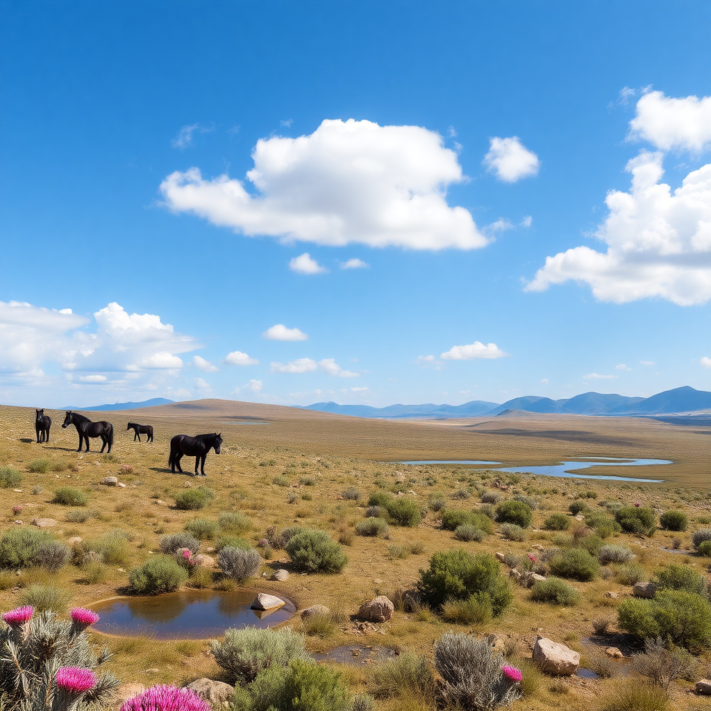 Long plateau with its dark wild ponies, Mediterranean vegetation with rockroses, myrtle, oaks, junipers, with small lakes and rocks, and a blue sky with white clouds.