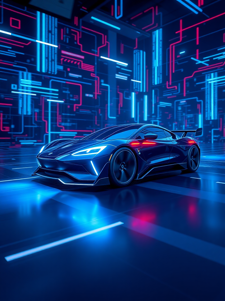 Please render the electric car racing in cyberspace in a realistic 3D manner. Make the background cyber-like and express it with a sense of speed with the "electric sparks". Make the overall color dark blue and draw it with a neon sign feel.