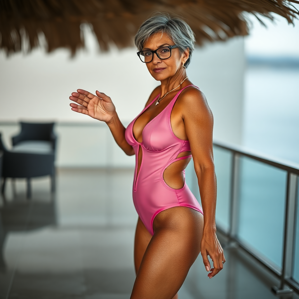 a towering 55 Years old, fit, slim, European, Latina, sharp aquiline nose, wrinkles, high cheekbones, Middle Eastern, Skinny, Tanned skin, Dark light skin, Rounded Medium breasts, Skinny thighs, full Makeup, jewelry, Serious face, Sharp nose, Ash hair, short bowl haircut, Brown eye color, Glasses, with detailed features. she is wearing a transparent tight pink high cut cut out wet swimsuit, detailed fabric.  full body, high heels sandals, she is inviting gesturing at the viewer, sweating, 
long establishing shot,