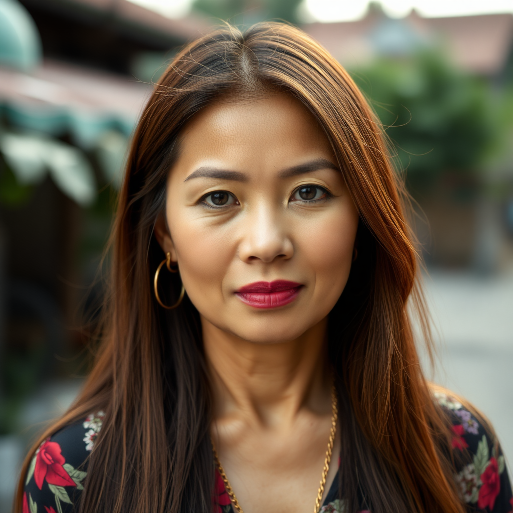 A absolutely real 50 Year young Thai Women with Chestnut colored long straight Hair and a fine Gold chain.