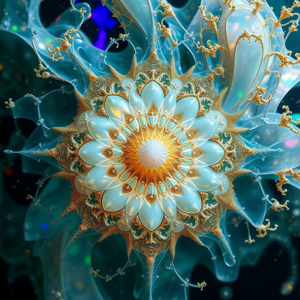 under water, abstract, mandelbulb fractal, sacred geometry, ultra-detailed, dynamic composition, artistic photograph, fractal, brilliant colors, glittering, transparency, translucent, opal, gold, romanticism, sharp focus, floral, mother of pearl, iridescent