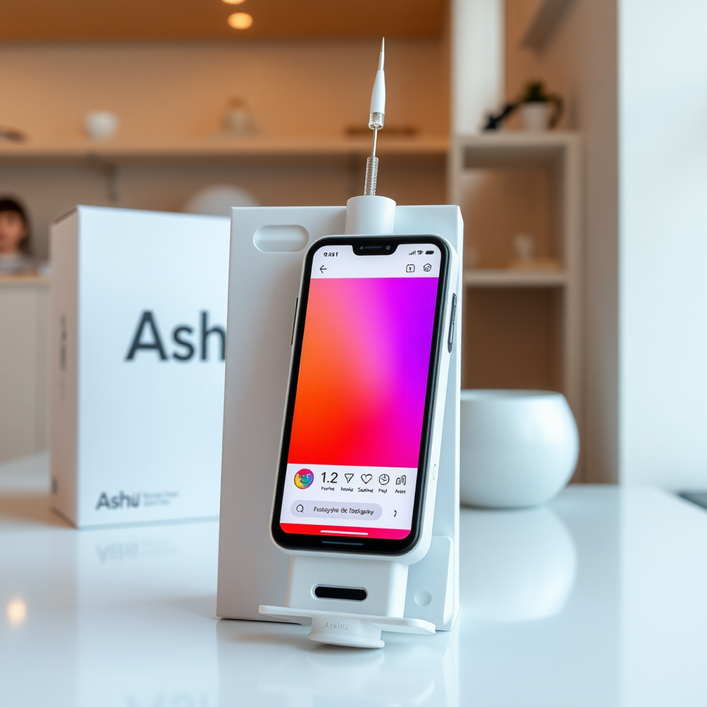 A close-up straight front view of a mobile phone in a shape inspired by a syringe, white pink futuristic, kept for sale leaning against a box with text "Ashu" and minimal design, in a showroom, touchscreen phone with an Instagram page open on the screen, needle on top, whitepunk.