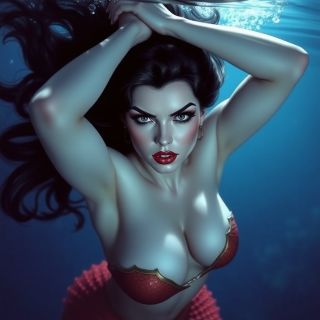 Vampirella as a mermaid underwater, hair floating in a nimbus around her beautiful face, her arms up over her head, and she's looking down into the viewer's eyes, making intense eye contact.